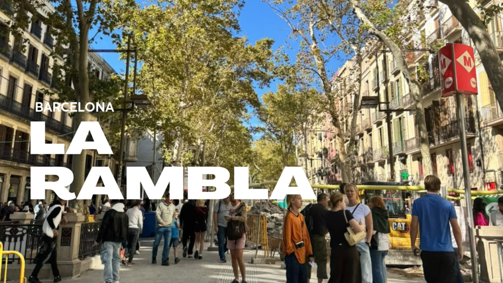 la rambla barcelona pedestrian boulevard with historic buildings and street trees