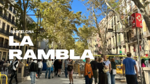 la rambla barcelona pedestrian boulevard with historic buildings and street trees